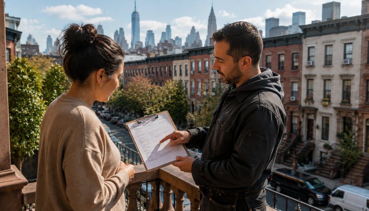A plumber showing a homeowner a document on a clipboard on a NYC brownstone balcony, with the city skyline in the background
