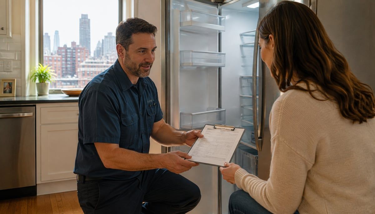 A professional appliance repair technician kneeling beside an open refrigerator in a bright NYC kitchen, handing a homeowner a clipboard with a written estimate