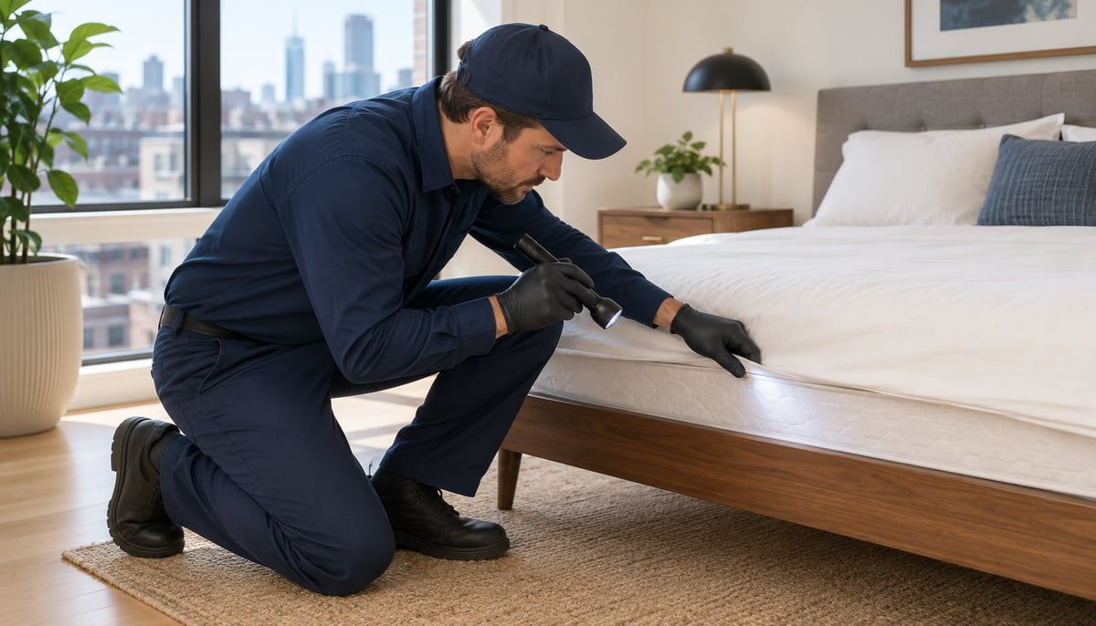 A licensed pest control technician inspecting a mattress seam with a flashlight in a bright NYC apartment bedroom