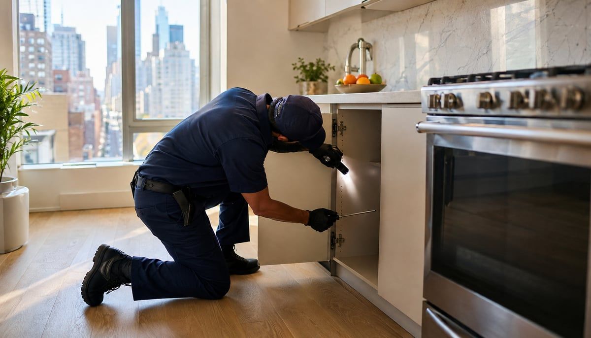 A pest control technician kneeling to inspect under a kitchen cabinet with a flashlight in a bright NYC apartment.