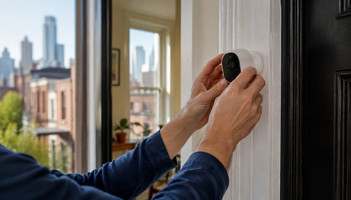 A homeowner's hands mounting a small wireless security camera on a door frame in a bright NYC brownstone entryway, with the city skyline visible through a nearby window