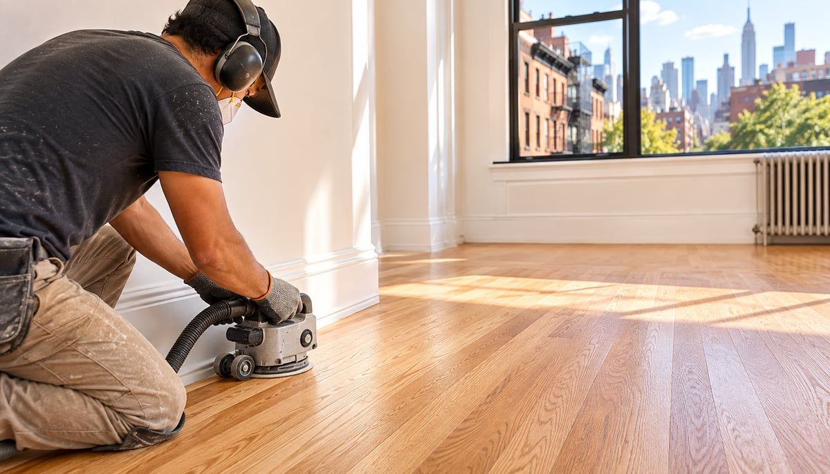 A flooring professional using an edge sander along the baseboard of a freshly refinished hardwood floor in a bright NYC apartment, with brownstone rooftops and the Manhattan skyline visible through the window