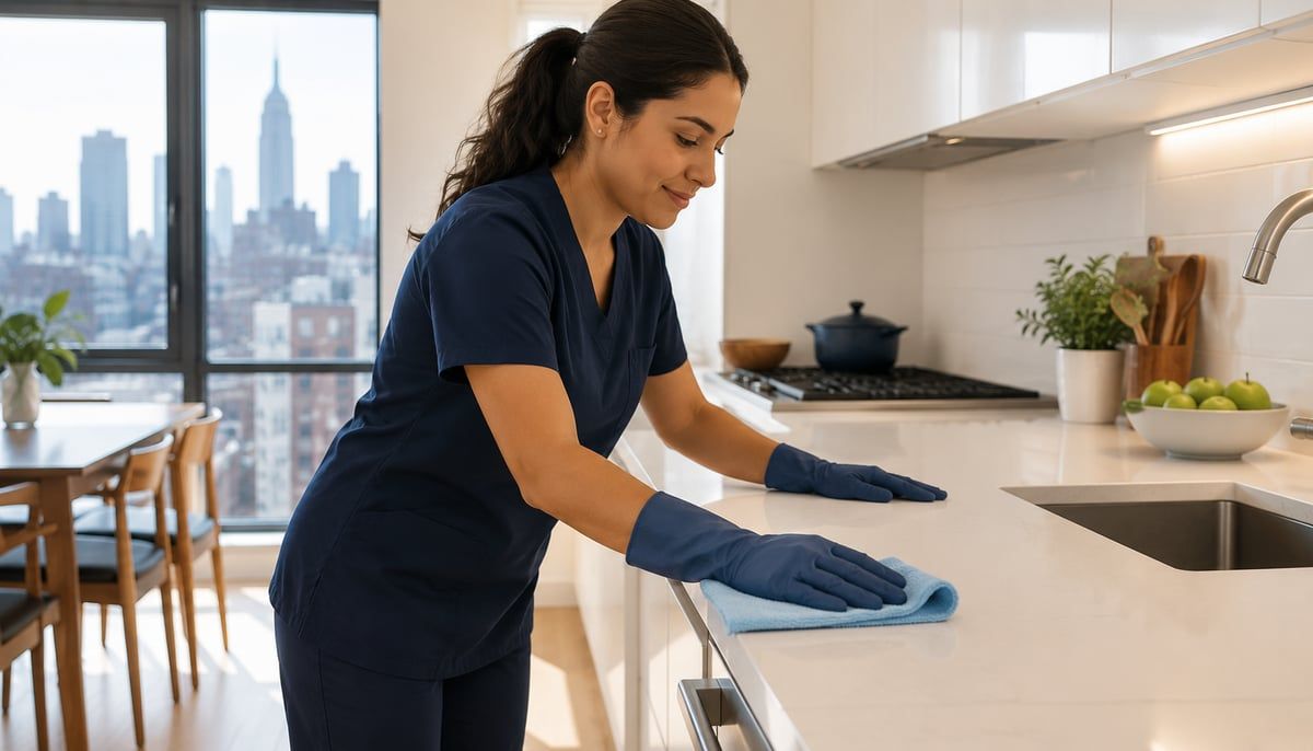 A professional house cleaner in navy scrubs wiping down a white kitchen countertop in a bright NYC apartment with the skyline visible through the window