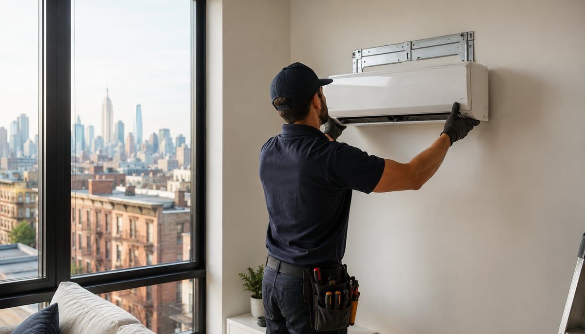 A technician mounting the indoor unit of a ductless mini-split onto a wall in a bright NYC apartment, with the Manhattan skyline visible through the window