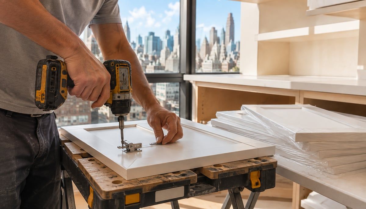 A professional installer attaching a hinge to a new white cabinet door on a portable workbench with a cordless drill, stacked replacement doors nearby, NYC skyline visible through the window