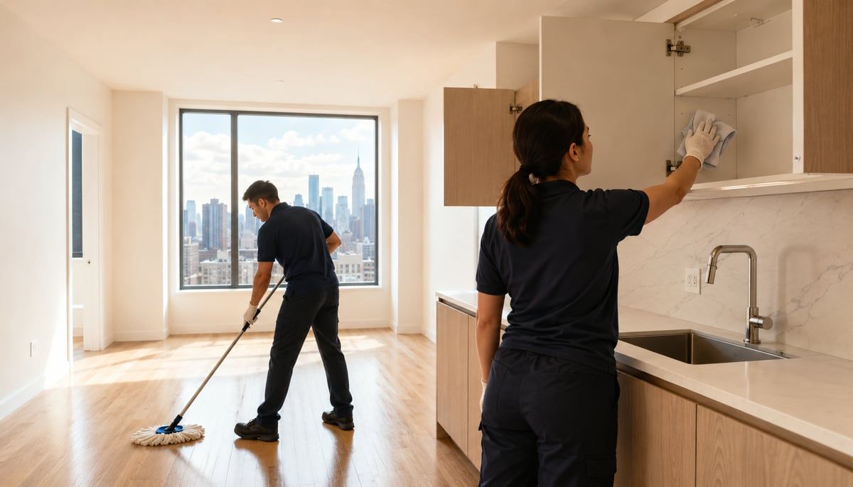 Two professional cleaners, a man and a woman, working in a bright empty NYC apartment, one mopping the floor and one wiping down a kitchen cabinet interior, city skyline visible through the window