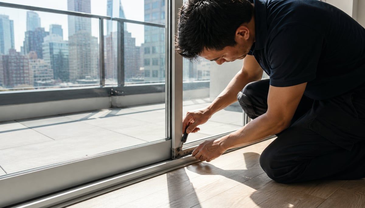A technician kneeling to adjust the roller mechanism at the base of a sliding glass door in a bright NYC apartment, with a balcony and the city skyline visible through the glass
