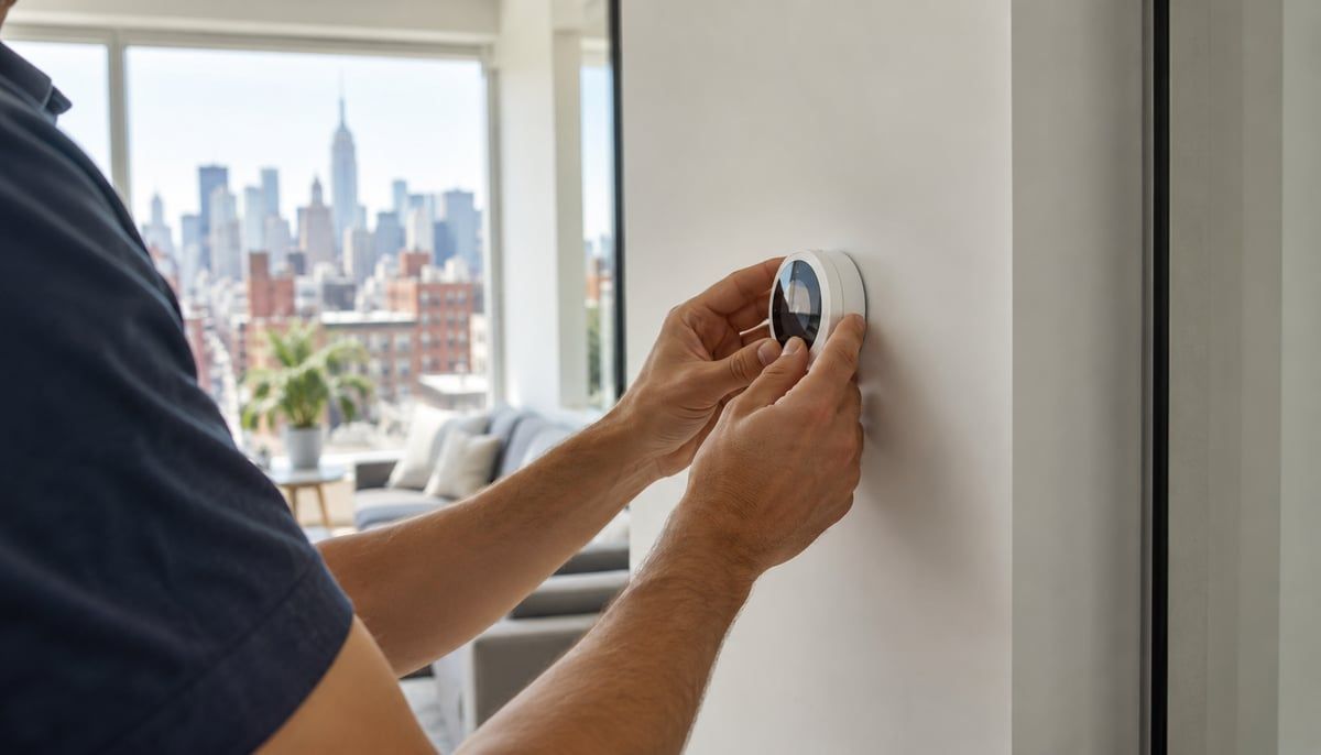 A professional installer's hands adjusting a smart thermostat on the wall of a bright NYC apartment, seen from behind with the city skyline visible through the window