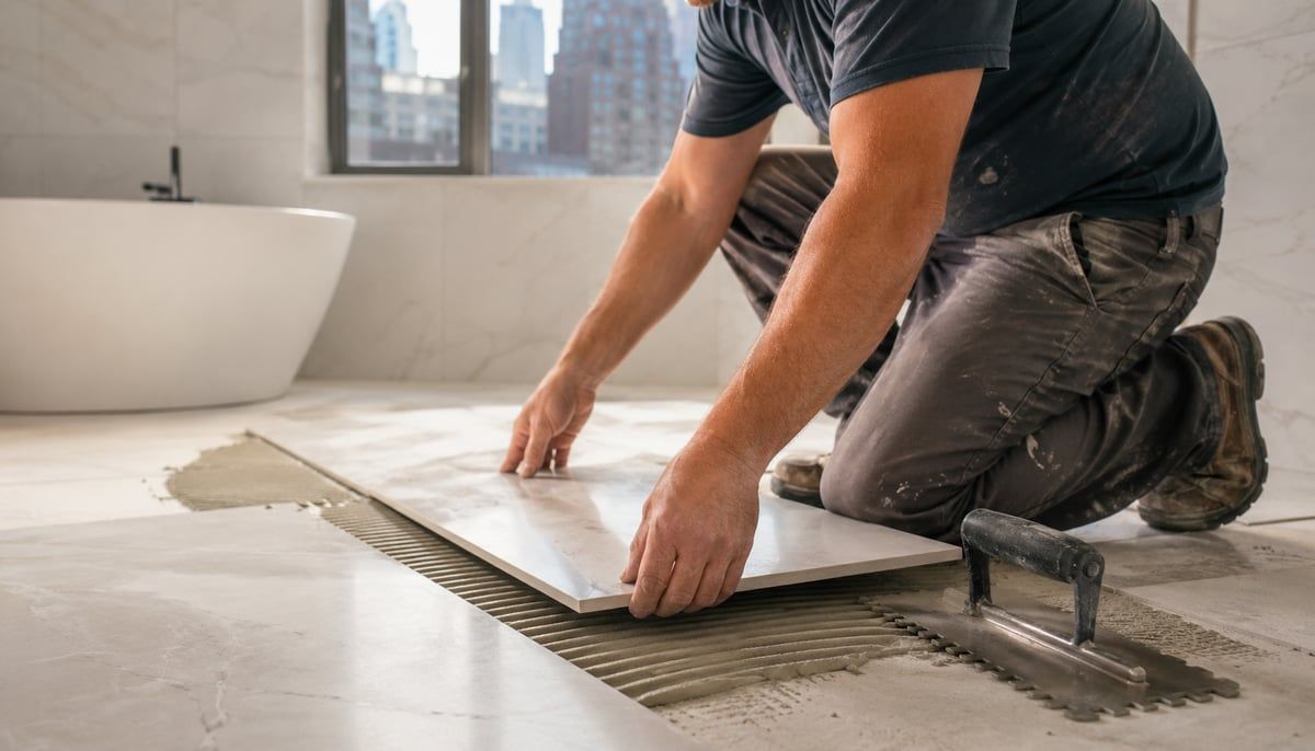 A tile installer setting a large porcelain floor tile with a notched trowel in a bright NYC bathroom, city buildings visible through the window