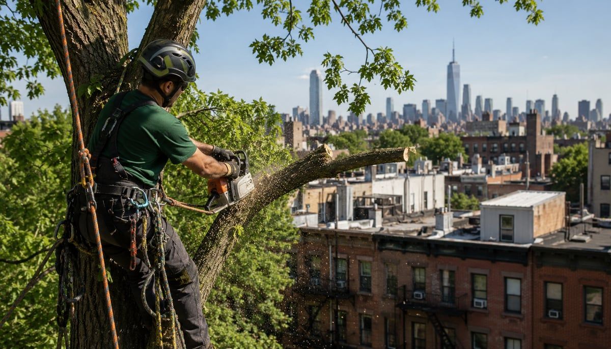 An arborist in a safety harness working from a tree, cutting a branch with a chainsaw, with Brooklyn brownstone rooftops and the Manhattan skyline visible in the background