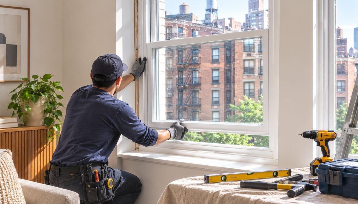 A window installer securing a new window frame in a bright NYC apartment, with brick buildings and a water tower visible outside